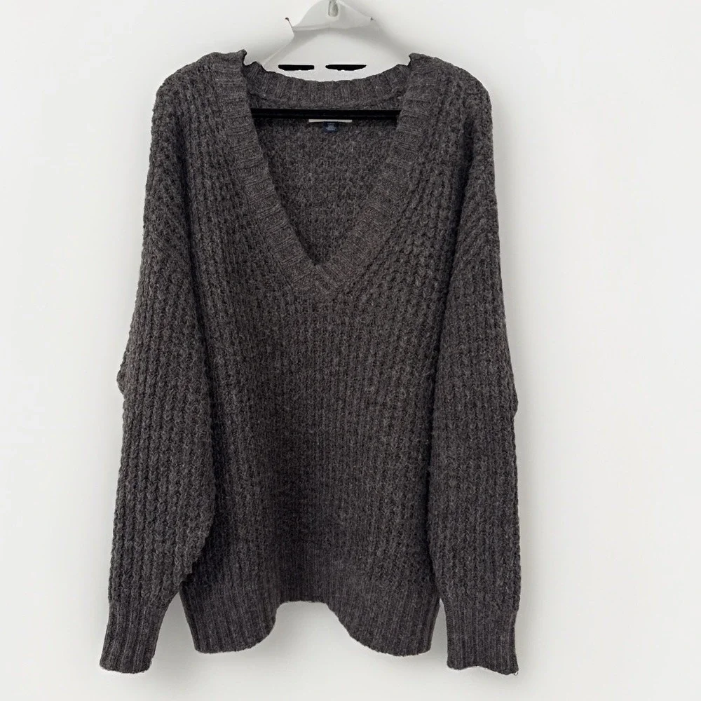 American Eagle Women's Whoa So Cozy Waffle Knit Sweater S Gray Oversized V-Neck